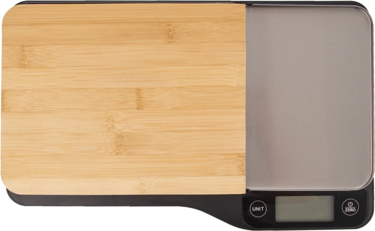 Digital kitchen scale with bamboo surface and cutting board