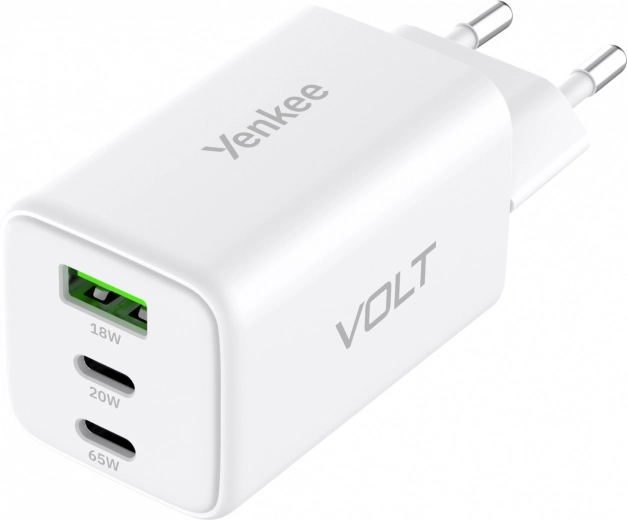 Tinklo įkroviklis VOLT 65 W GaN, 3× USB (2× USB‑C + 1× USB‑A) su Power Delivery 3.0 ir QC 4.0