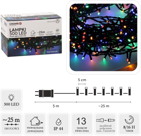 LED šviesos girlianda 500 įvairiaspalvių diodų, 28 m (25 m šviečianti dalis), naudojimui viduje ir lauke – 1 vnt.