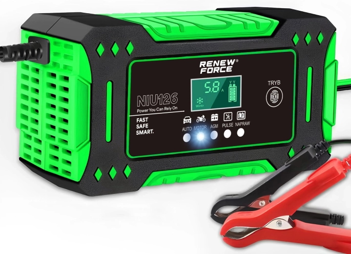 Mikroprocesorinė automobilio akumuliatorių įkroviklė Renew Force 12 V 6 A su LCD ekranu ir remonto funkcija