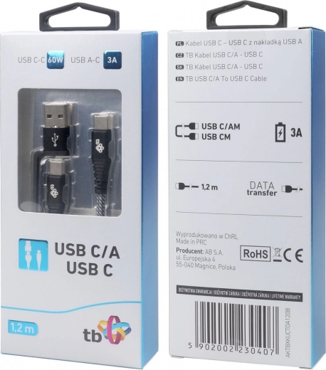 Cable 2-in-1: USB-C and USB A with a length of 1.2 m