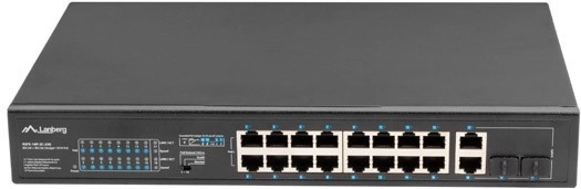 Unmanaged PoE+ switch 16× fast ethernet with 2× combo gigabit uplink, 250 W, 19″ rack lanberg