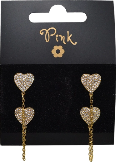Gold-plated drop earrings with double heart and cubic zirconia