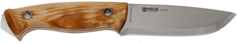 Helle Utvær outdoor knife 10 cm, curly birch, leather sheath