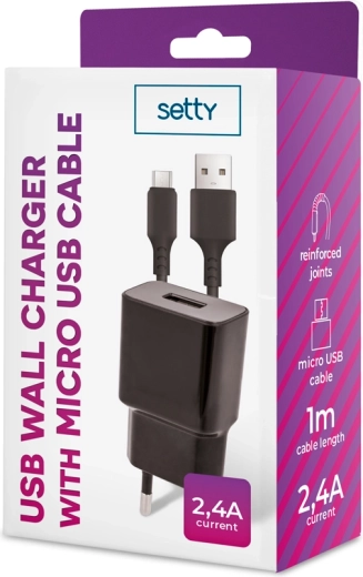 Setty 2,4 A įkroviklis su microUSB kabeliu 1 m, juodas