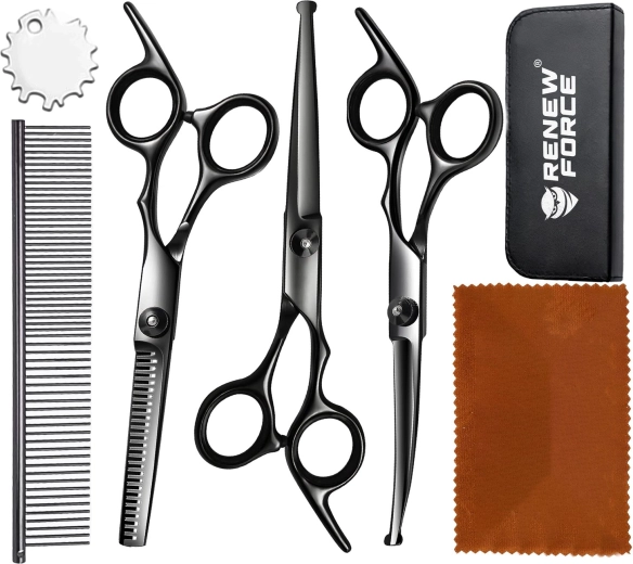 RENEW FORCE profesionalus gyvūnų kailio priežiūros (grooming) žirklių rinkinys su šukomis ir dėklu
