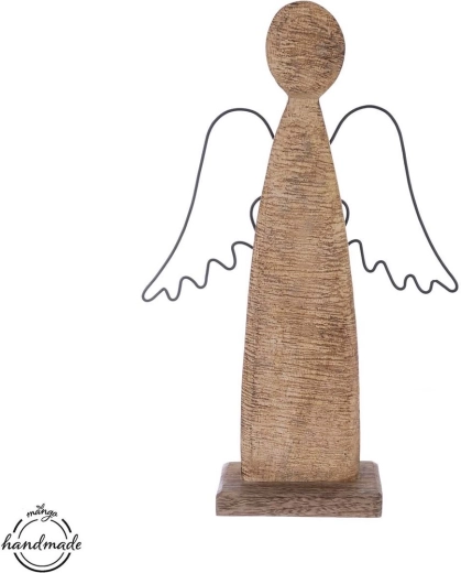 Mango Wood Angel Decoration with Metal Wings 31 cm
