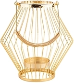 Metal lantern candle holder with geometric mullion-style design and handle, gold, 26 × 26 × 27 cm