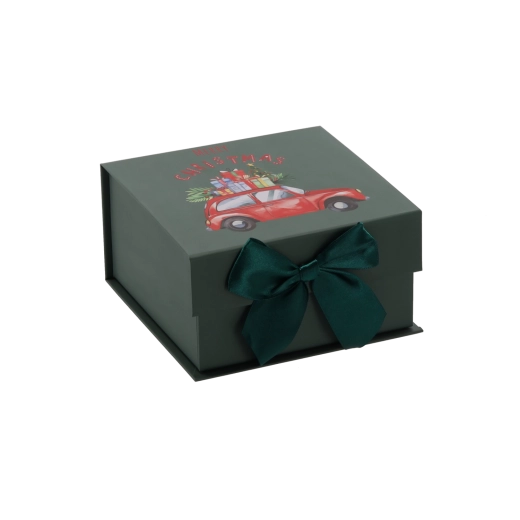 Christmas gift box with a car and a green bow - 1 piece