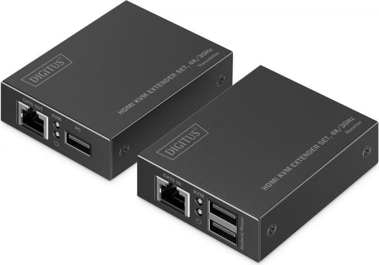 HDMI extender over CAT6 network cable 4K/30 Hz with KVM USB 1.1 and IR control (transmitter + receiver set)