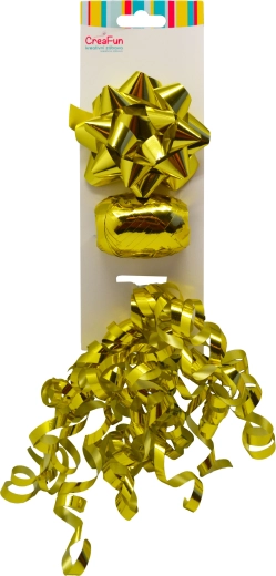 Dovanų rinkinys metalinės auksinės spalvos – kaspinas 9 cm, juostelė 10 m, kaspinėlis 6 mm (3 vnt.)