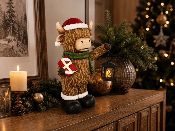 Christmas decorative figurine: mountain cow with LED lantern