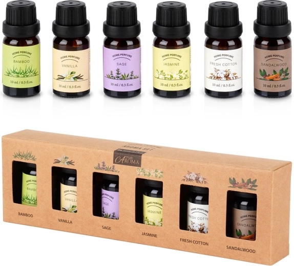 Dovanų rinkinys: eteriniai aliejai 6×10 ml – bambukas, vanilė, šalavijas, jazminai, fresh cotton, sandalmedis