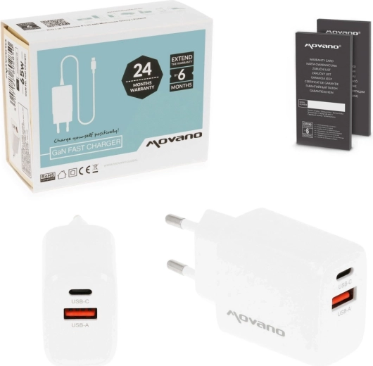 Movano GaN įkroviklis 30 W USB-C PD + USB-A baltas - 1 vnt.