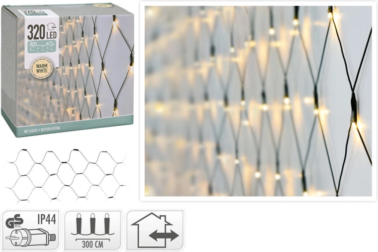 Kalėdinis LED šviesos tinklas 1,5 × 3 m, 320 LED, šilta balta, IP44