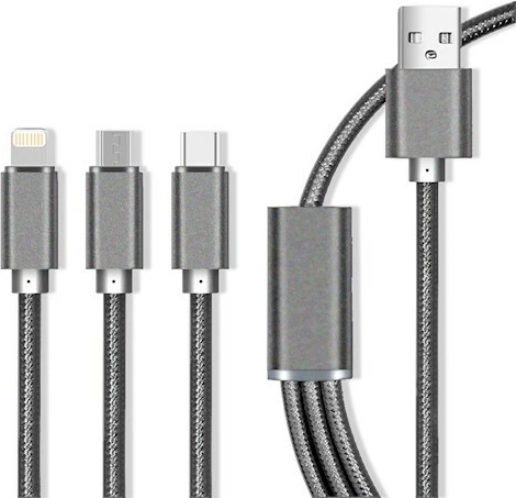 Maxlife nylon 3-in-1 cable with fast charging 2.1 A – Lightning/USB‑C/microUSB, gray