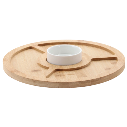 Bambukinis serviravimo padėklas su porcelianiniu dubenėliu, 4 skyriai, 28 cm