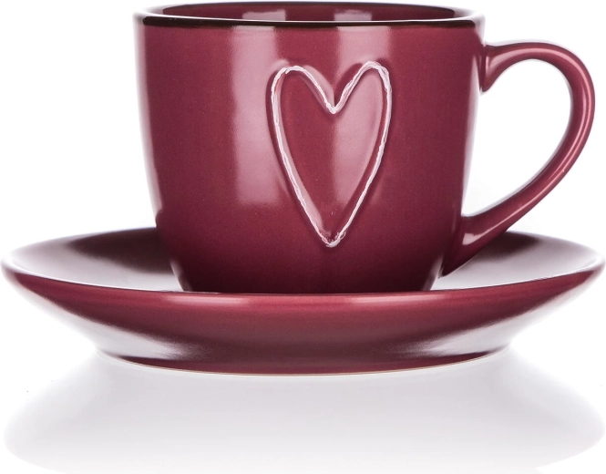 Keramikinis puodelis su lėkštute 260 ml HEART, bordo