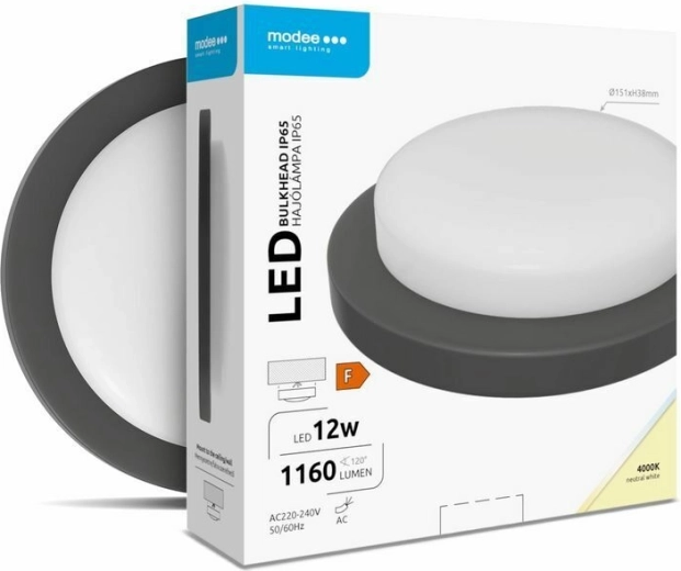 Round Wall/Ceiling LED Light 12 W, 4000 K, 1160 lm, Black – MODEE LED Bulkhead Round