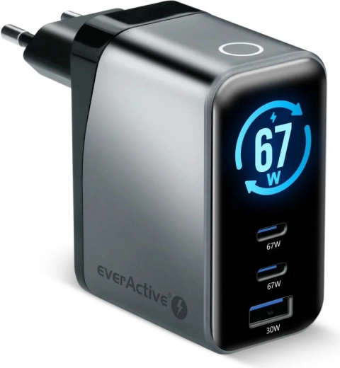 EverActive GaN įkroviklis 67 W su LCD (2× USB-C + USB-A)