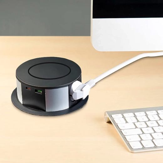 Discreet pop-up design for desk installation