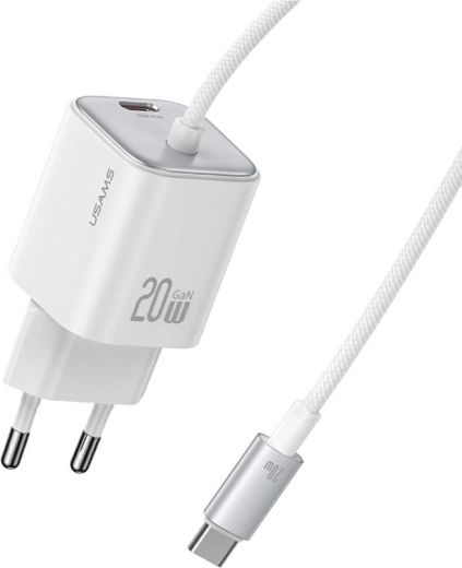 USAMS JC serijos 20 W GaN mini įkroviklis 2× USB‑C su integruotu USB‑C kabeliu, baltas