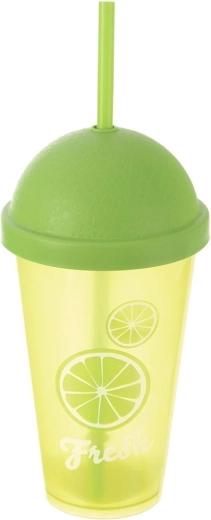 Plastikinis puodelis su dangteliu ir šiaudeliu 450 ml – citrusų motyvas