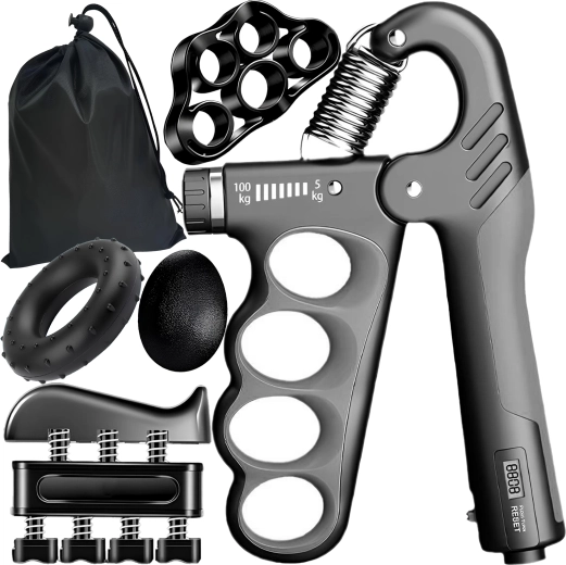 RENEW FORCE 6-in-1 hand grip strengthener set with adjustable resistance 5–100 kg, counter and case (grey)