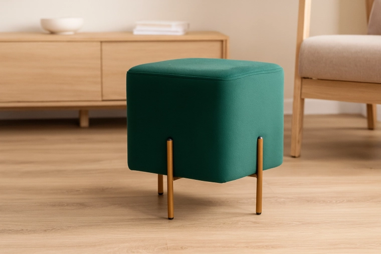 Square velvet ottoman on metal legs, dark green 35 × 35 × 40 cm