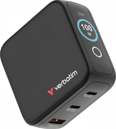 Verbatim mini GaN įkroviklis 100 W su išmaniu TFT ekranu, 2× USB-C + USB-A, EU/UK/USA adapteriai
