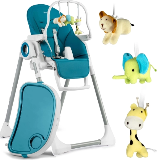 Foldable children’s high chair with toy bar, turquoise - 1 piece