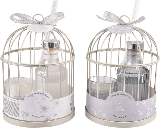 Gift set: aroma reed diffuser and candle in a white metal cage