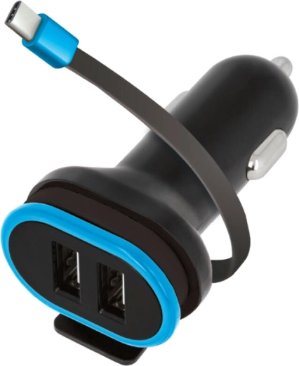 FOREVER Car Charger with USB‑C Cable, 2× USB, 3 A