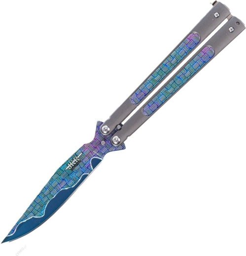 Sulankstomas balisong peilis JOKER Butterfly, 10,8 cm, visaišinis metalinis, vaivorykštinis dekoras