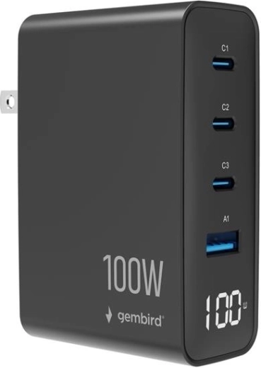 Gembird universal GaN charger 100 W with LCD, 3× USB-C and 1× USB-A, black