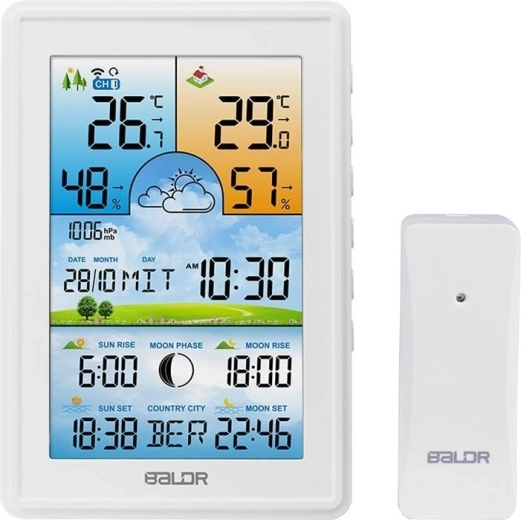 Belaidė meteostotis Baldr su lauko jutikliu, žadintuvu ir Mėnulio fazėmis, balta
