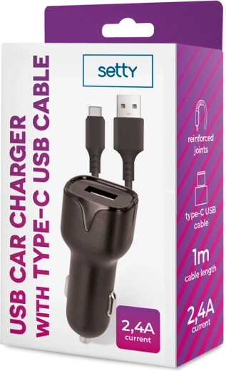 Setty automobilinis įkroviklis 1× USB 2,4 A juodas + USB‑C kabelis 1 m