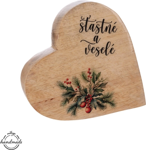 Mango wood heart decoration with the inscription “happy and cheerful”