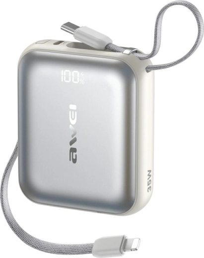 Išorinė baterija AWEI AS-181 10000 mAh, 35 W, su integruotais „Lightning“ ir USB‑C kabeliais, sidabrinė