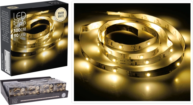 LED šviesos juosta 3 m, 90 LED, šiltai balta, su baterijomis