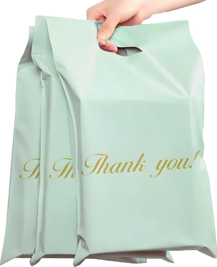 Foliopaketai / siuntimo maišeliai su rankena 400 × 500 + 70 mm, mentoliniai, 50 vnt., užrašas THANK YOU