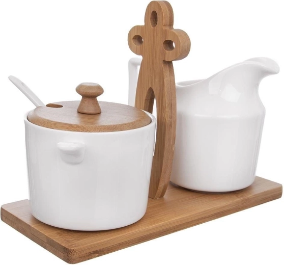 Porcelain sugar bowl and milk jug WHITELINE on a bamboo stand 2× 280 ml, 3-piece set