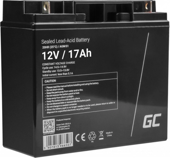 Nereikalaujanti priežiūros AGM baterija GREEN CELL 12 V 17 Ah vejapjovėms, paspirtukams, valtims ir neįgaliųjų vežimėliams