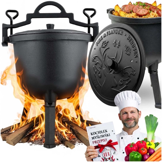 Iron camping cauldron 11 L for fire and grill with lid