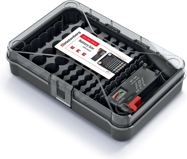 Battery organizer with tester, 29.5 × 19.5 × 7 cm