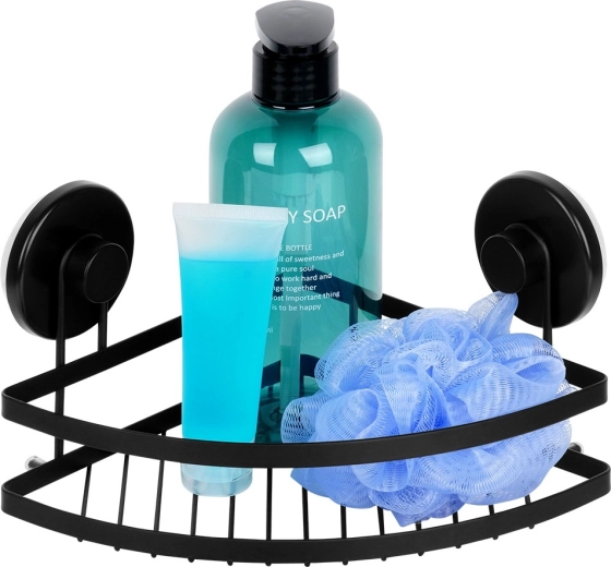 Corner shower shelf with suction cups, black metal 24 × 18 × 12.5 cm