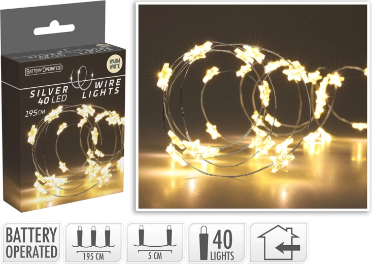 Kalėdinis LED žvaigždžių apšvietimas 1,95 m, 40 LED, šiltai balta – 1 vnt.