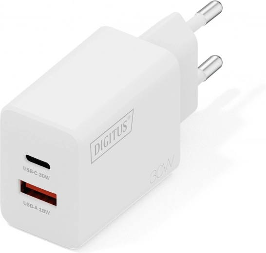 Wall USB GaN Charger 30 W, 1× USB‑C and 1× USB‑A, white
