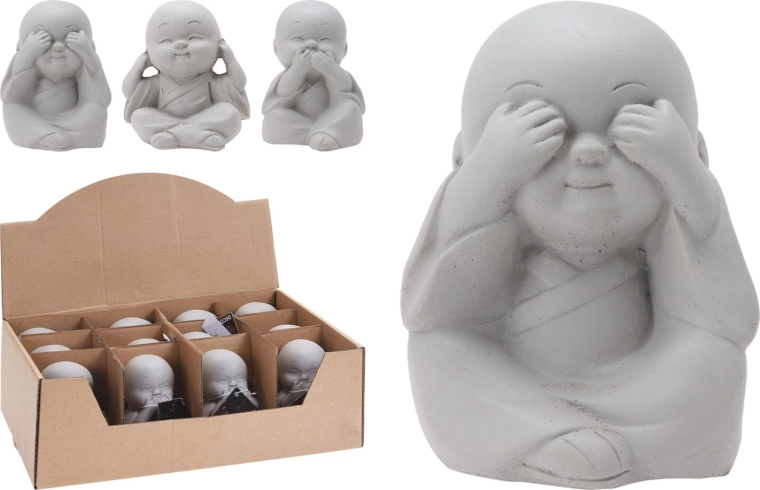 Dekoratyvinė cementinė Budos statulėlė 7,5 × 7 × 8 cm – 3 motyvų mišinys