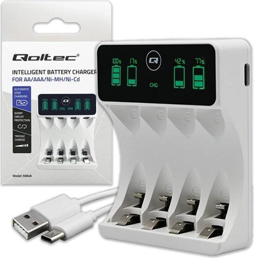 Ni-MH AA/AAA akumuliatorių įkroviklis su LCD ir USB‑C kabeliu, baltas